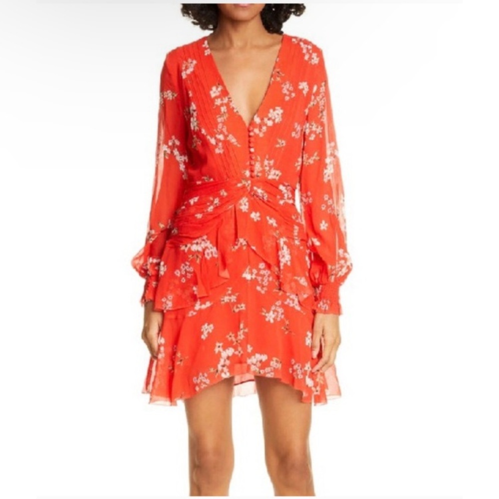 Nicholas Floral Print Long Sleeves Silk Minidress Gathering Sz 4 ruched red